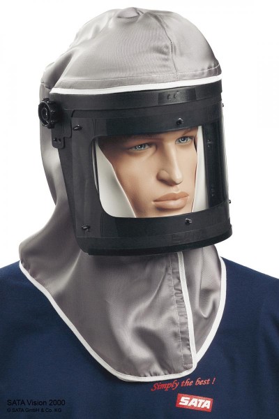 SATA vision 2000 Kopfhaube mit grauem Kopftuch über Haube, mit Nippelbefestigung